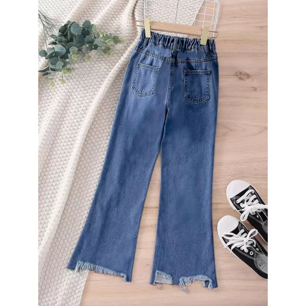 WDIRARA Girl's High Waisted Ripped Raw Hem Flare Bell Bottom Jeans Denim Pants