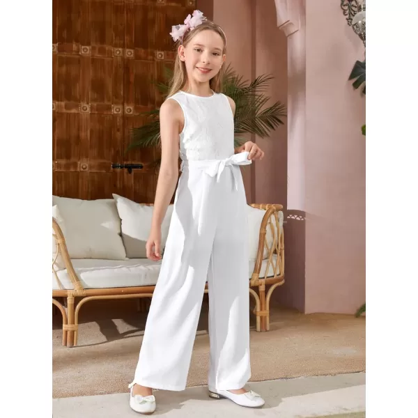 WDIRARA Girl's Lace Round Neck Sleeveless Belted Wide Leg Jumpsuit Pants