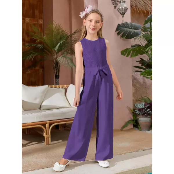 WDIRARA Girl's Lace Round Neck Sleeveless Belted Wide Leg Jumpsuit Pants