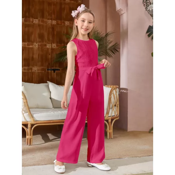 WDIRARA Girl's Lace Round Neck Sleeveless Belted Wide Leg Jumpsuit Pants