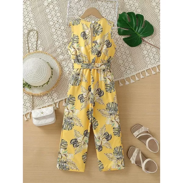 WDIRARA Girl's Lace Round Neck Sleeveless Belted Wide Leg Jumpsuit Pants