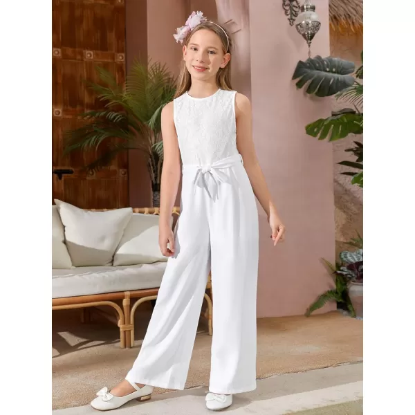 WDIRARA Girl's Lace Round Neck Sleeveless Belted Wide Leg Jumpsuit Pants