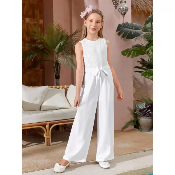 WDIRARA Girl's Lace Round Neck Sleeveless Belted Wide Leg Jumpsuit Pants