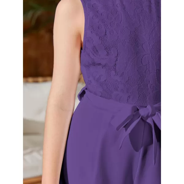 WDIRARA Girl's Lace Round Neck Sleeveless Belted Wide Leg Jumpsuit Pants