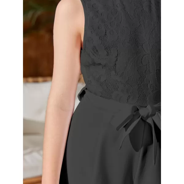 WDIRARA Girl's Lace Round Neck Sleeveless Belted Wide Leg Jumpsuit Pants