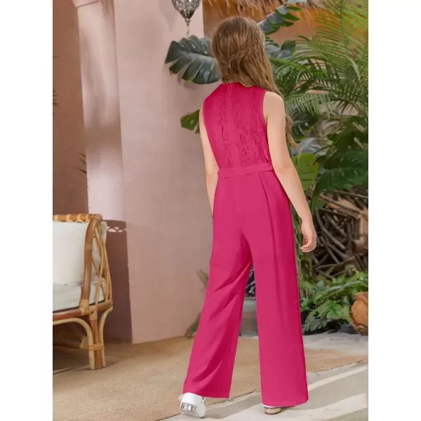 WDIRARA Girl's Lace Round Neck Sleeveless Belted Wide Leg Jumpsuit Pants