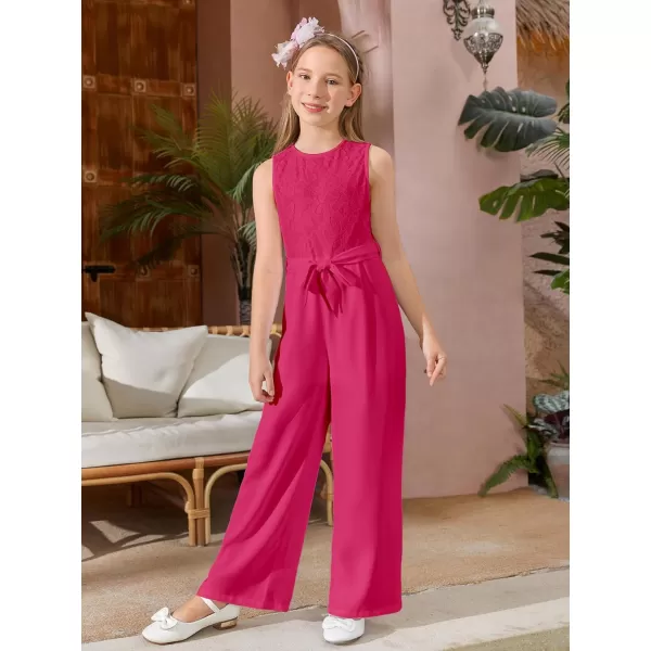WDIRARA Girl's Lace Round Neck Sleeveless Belted Wide Leg Jumpsuit Pants
