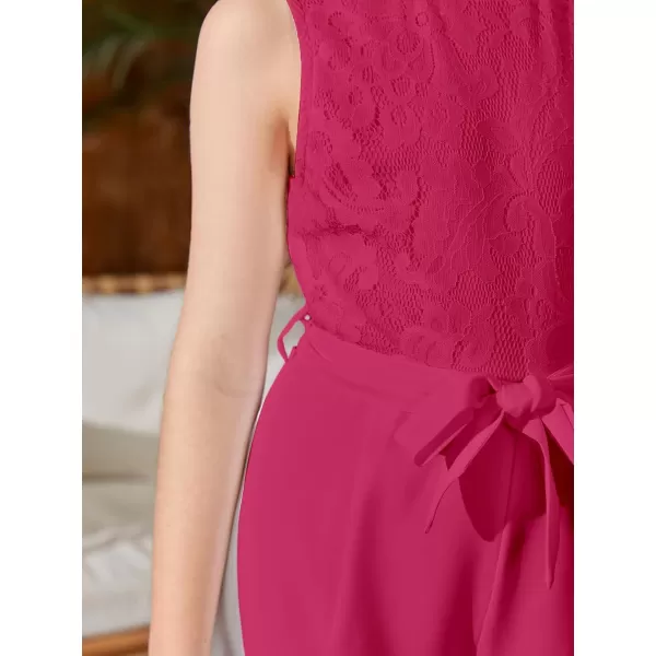 WDIRARA Girl's Lace Round Neck Sleeveless Belted Wide Leg Jumpsuit Pants