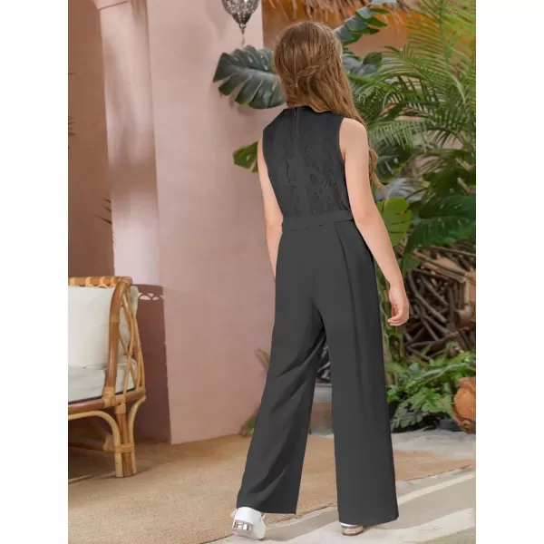 WDIRARA Girl's Lace Round Neck Sleeveless Belted Wide Leg Jumpsuit Pants