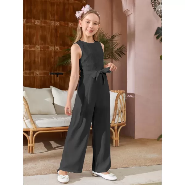 WDIRARA Girl's Lace Round Neck Sleeveless Belted Wide Leg Jumpsuit Pants