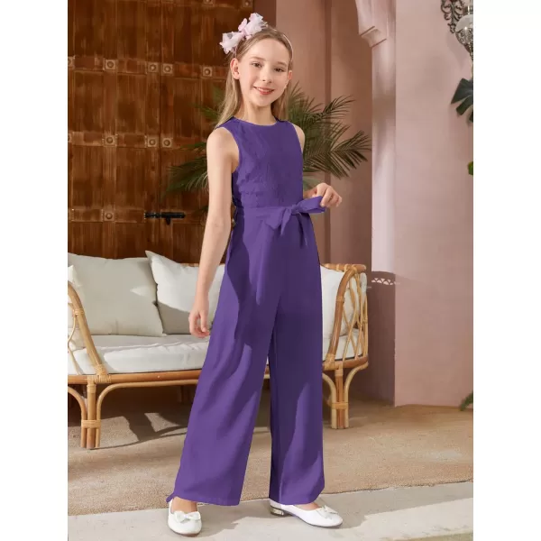 WDIRARA Girl's Lace Round Neck Sleeveless Belted Wide Leg Jumpsuit Pants