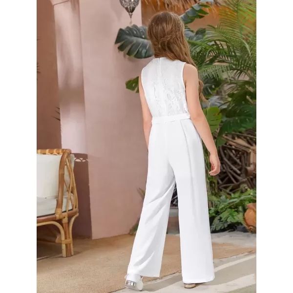 WDIRARA Girl's Lace Round Neck Sleeveless Belted Wide Leg Jumpsuit Pants