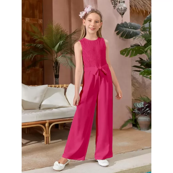 WDIRARA Girl's Lace Round Neck Sleeveless Belted Wide Leg Jumpsuit Pants
