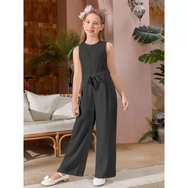 WDIRARA Girl's Lace Round Neck Sleeveless Belted Wide Leg Jumpsuit Pants