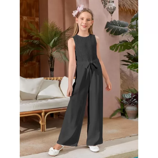 WDIRARA Girl's Lace Round Neck Sleeveless Belted Wide Leg Jumpsuit Pants