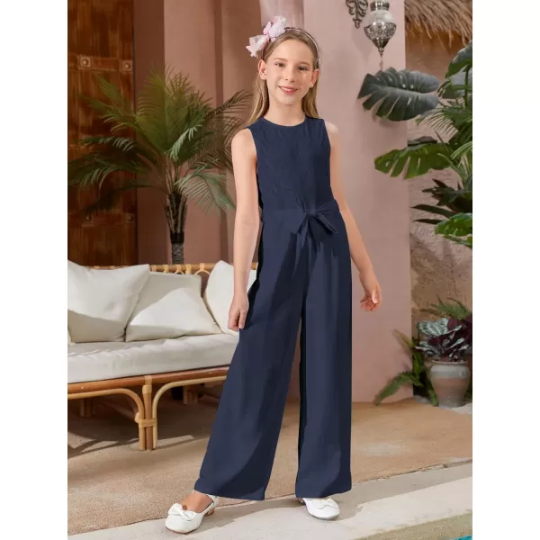 WDIRARA Girl's Lace Round Neck Sleeveless Belted Wide Leg Jumpsuit Pants