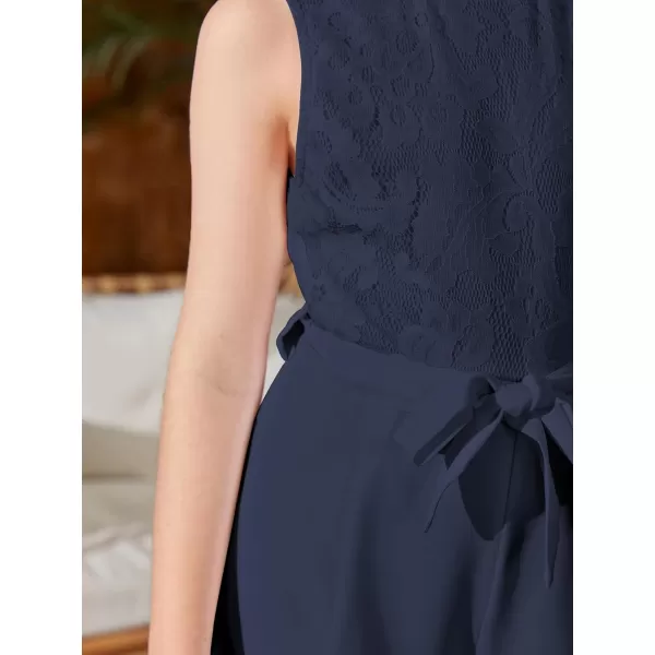 WDIRARA Girl's Lace Round Neck Sleeveless Belted Wide Leg Jumpsuit Pants