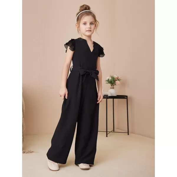 WDIRARA Girl's Layered Ruffle Cap Sleeve Mesh Notched V Neck Belted Jumpsuit Pants