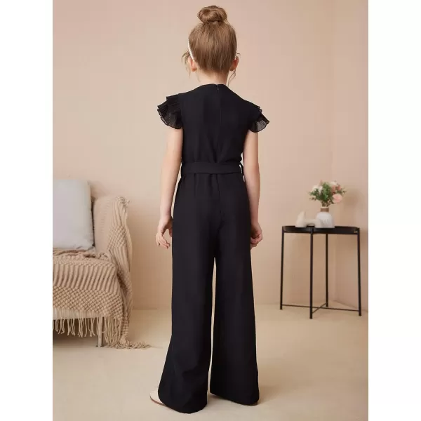 WDIRARA Girl's Layered Ruffle Cap Sleeve Mesh Notched V Neck Belted Jumpsuit Pants