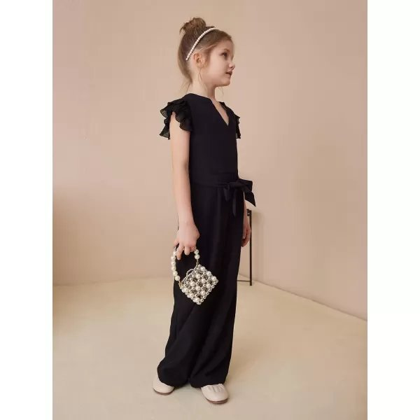 WDIRARA Girl's Layered Ruffle Cap Sleeve Mesh Notched V Neck Belted Jumpsuit Pants