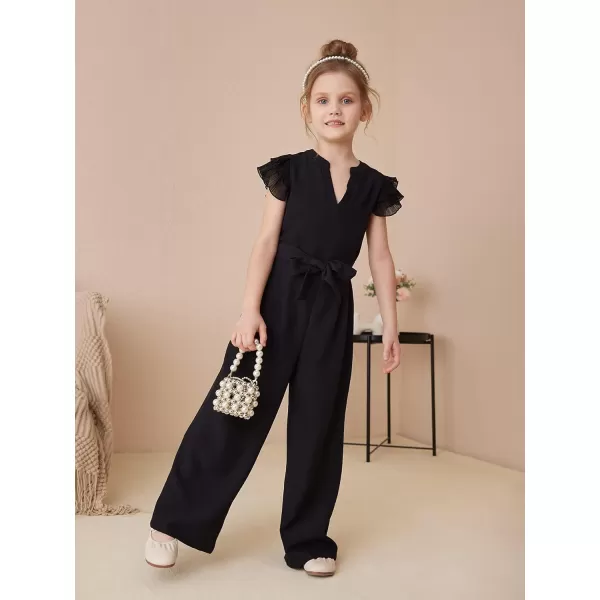 WDIRARA Girl's Layered Ruffle Cap Sleeve Mesh Notched V Neck Belted Jumpsuit Pants