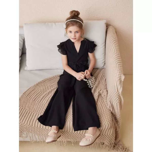 WDIRARA Girl's Layered Ruffle Cap Sleeve Mesh Notched V Neck Belted Jumpsuit Pants