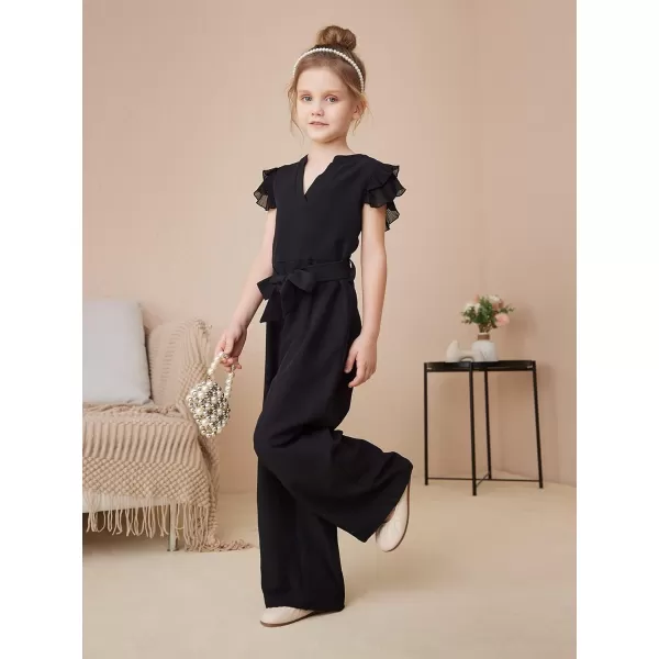 WDIRARA Girl's Layered Ruffle Cap Sleeve Mesh Notched V Neck Belted Jumpsuit Pants