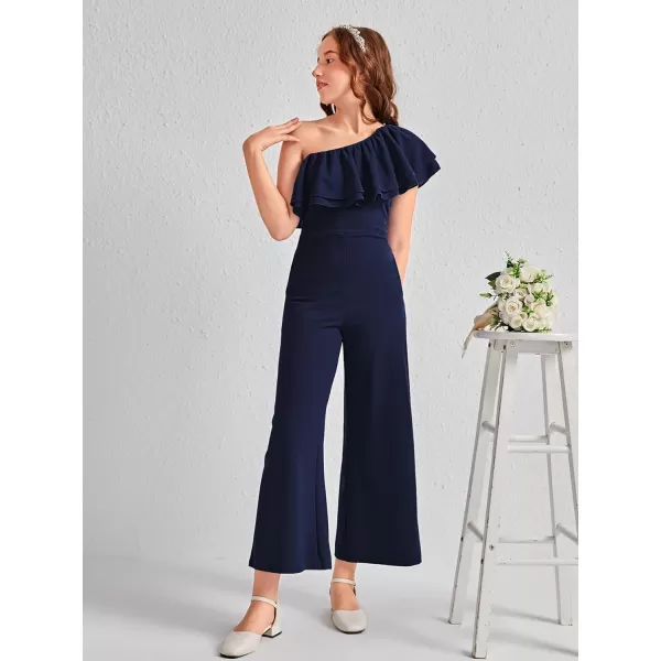 WDIRARA Girl's One Shoulder Layered Ruffle Trim Sleeveless Jumpsuit Pants with Pockets