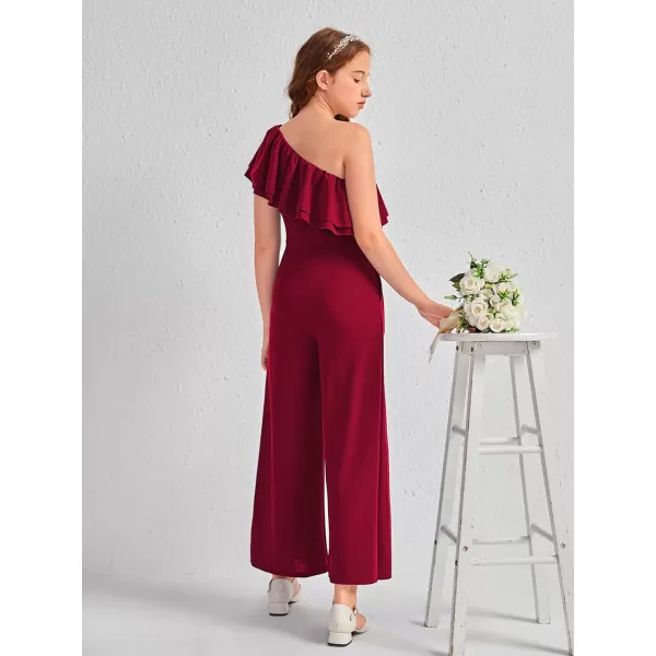 WDIRARA Girl's One Shoulder Layered Ruffle Trim Sleeveless Jumpsuit Pants with Pockets