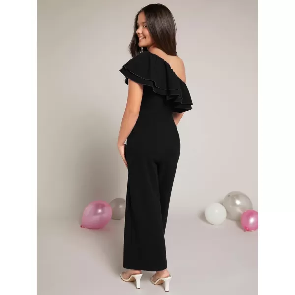 WDIRARA Girl's One Shoulder Layered Ruffle Trim Sleeveless Jumpsuit Pants with Pockets