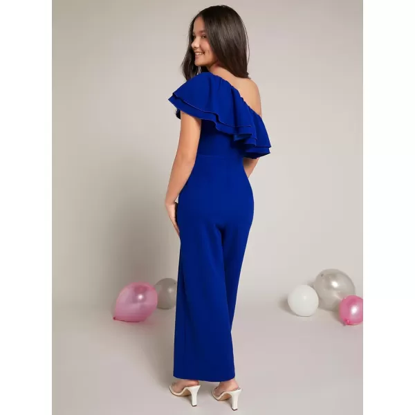 WDIRARA Girl's One Shoulder Layered Ruffle Trim Sleeveless Jumpsuit Pants with Pockets
