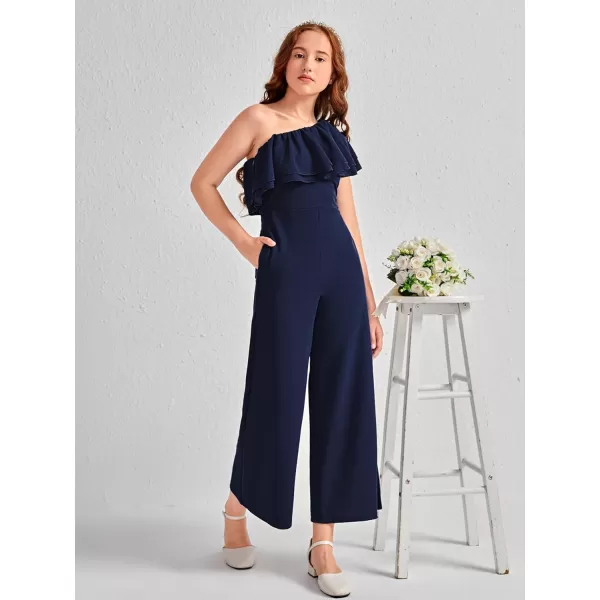 WDIRARA Girl's One Shoulder Layered Ruffle Trim Sleeveless Jumpsuit Pants with Pockets