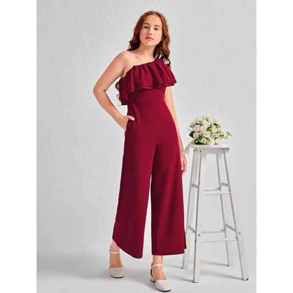WDIRARA Girl's One Shoulder Layered Ruffle Trim Sleeveless Jumpsuit Pants with Pockets