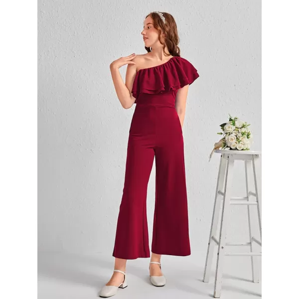 WDIRARA Girl's One Shoulder Layered Ruffle Trim Sleeveless Jumpsuit Pants with Pockets