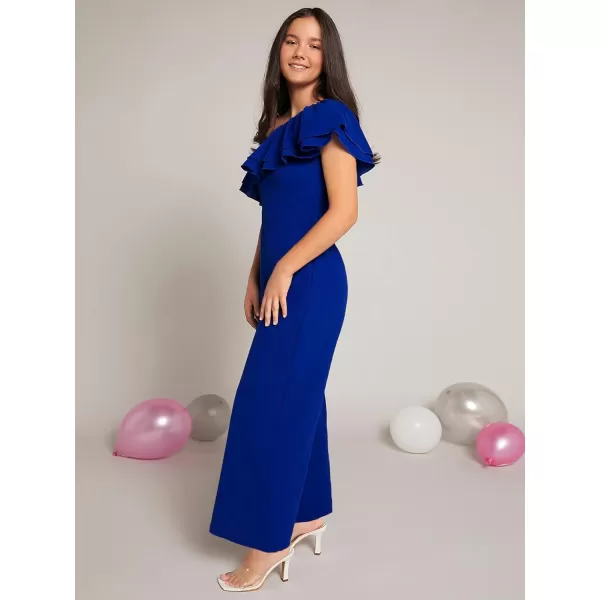 WDIRARA Girl's One Shoulder Layered Ruffle Trim Sleeveless Jumpsuit Pants with Pockets