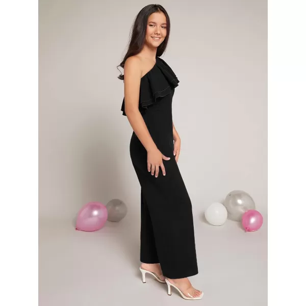 WDIRARA Girl's One Shoulder Layered Ruffle Trim Sleeveless Jumpsuit Pants with Pockets