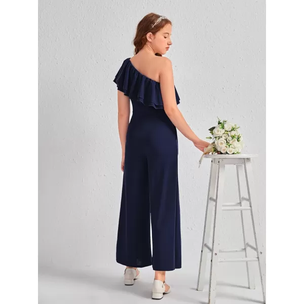 WDIRARA Girl's One Shoulder Layered Ruffle Trim Sleeveless Jumpsuit Pants with Pockets