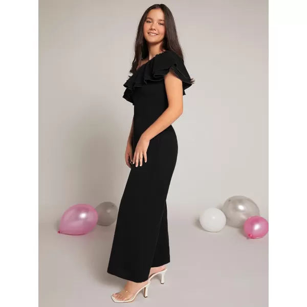 WDIRARA Girl's One Shoulder Layered Ruffle Trim Sleeveless Jumpsuit Pants with Pockets