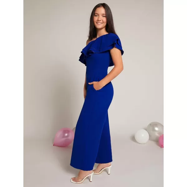WDIRARA Girl's One Shoulder Layered Ruffle Trim Sleeveless Jumpsuit Pants with Pockets