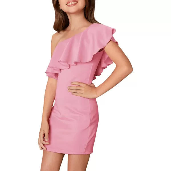 WDIRARA Girl's One Shoulder Ruffle Trim Flounce Sleeve Pencil Party Birthday Dress