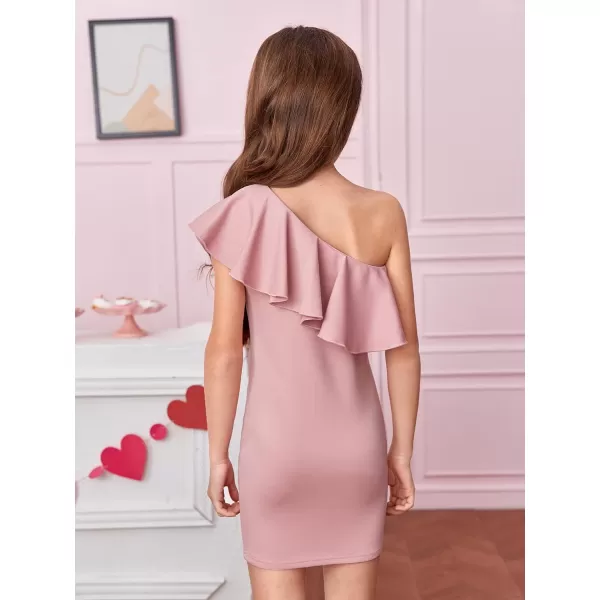 WDIRARA Girl's One Shoulder Ruffle Trim Flounce Sleeve Pencil Party Birthday Dress
