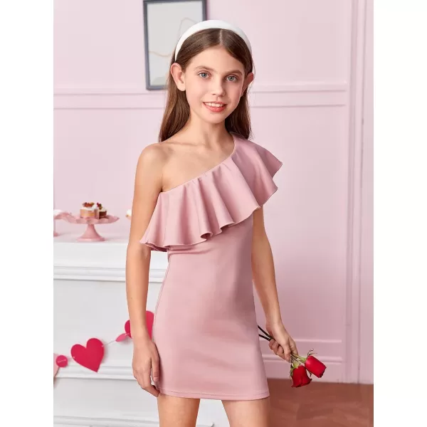 WDIRARA Girl's One Shoulder Ruffle Trim Flounce Sleeve Pencil Party Birthday Dress