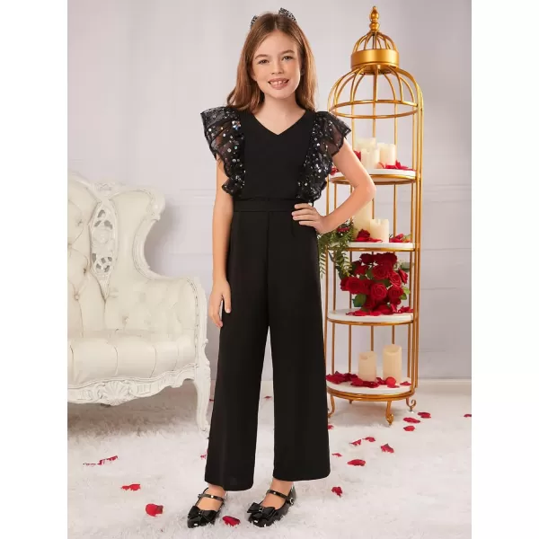 WDIRARA Girl's Polka Dots Ruffle Trim Cap Sleeve Round Neck Wide Leg Jumpsuit