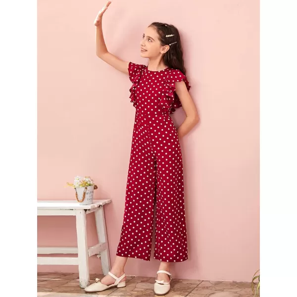WDIRARA Girl's Polka Dots Ruffle Trim Cap Sleeve Round Neck Wide Leg Jumpsuit