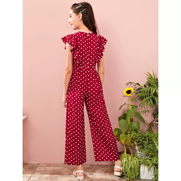 WDIRARA Girl's Polka Dots Ruffle Trim Cap Sleeve Round Neck Wide Leg Jumpsuit