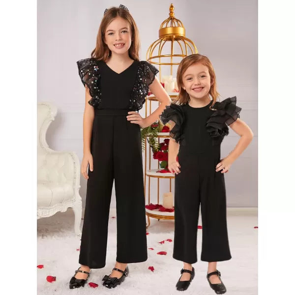 WDIRARA Girl's Polka Dots Ruffle Trim Cap Sleeve Round Neck Wide Leg Jumpsuit