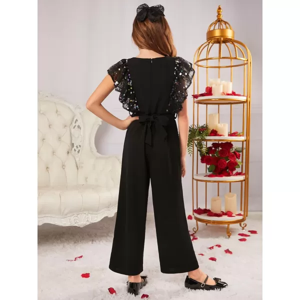 WDIRARA Girl's Polka Dots Ruffle Trim Cap Sleeve Round Neck Wide Leg Jumpsuit