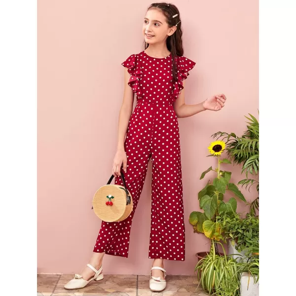 WDIRARA Girl's Polka Dots Ruffle Trim Cap Sleeve Round Neck Wide Leg Jumpsuit