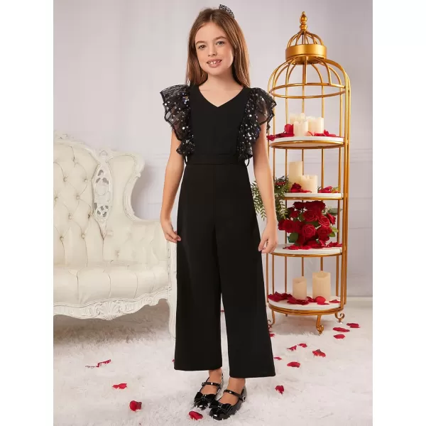 WDIRARA Girl's Polka Dots Ruffle Trim Cap Sleeve Round Neck Wide Leg Jumpsuit