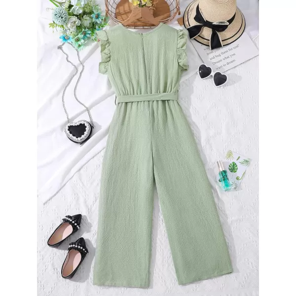 WDIRARA Girl's Ruffle Trim Wrap V Neck Cap Sleeve Cute Jumpsuit Belted Wide Leg Pants